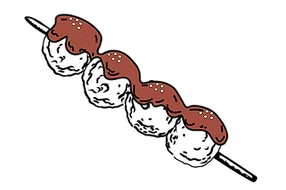 Cartoon skewer with four scoops of ice cream topped with chocolate sauce and sprinkles