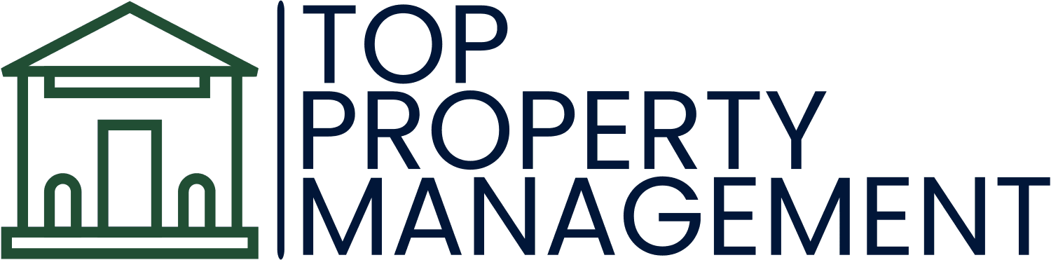 The logo for top property management shows a house and a building.