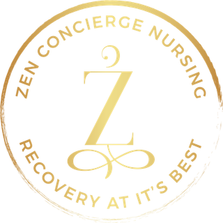 Gold circular ZEN Concierge Nursing logo with the words “Recovery at it’s Best”