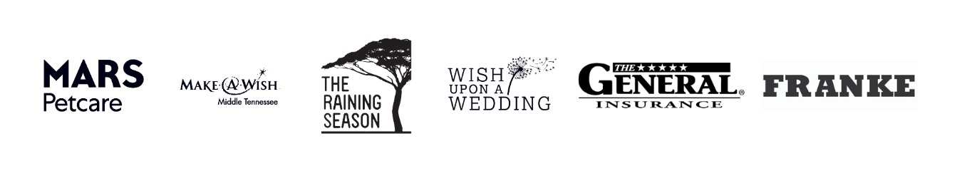Logos of Mars Petcare, Make a Wish Middle Tennessee, The Raining Season, Wish Upon a Wedding, The General Insurance, and Franke.