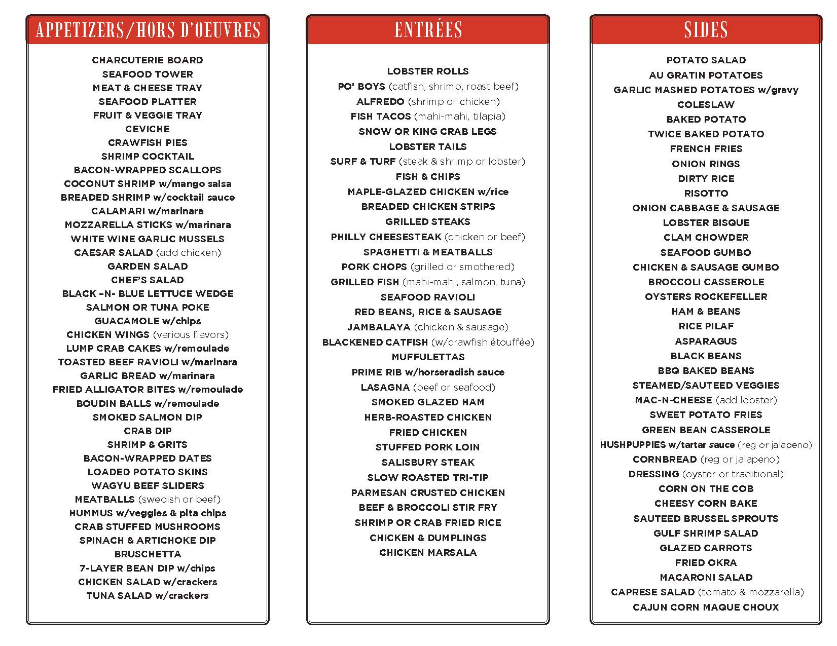 A menu for a restaurant includes appetizers drinks and desserts