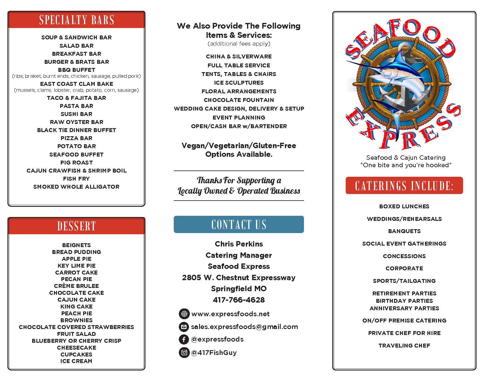 A seafood express menu with a picture of a shark on it