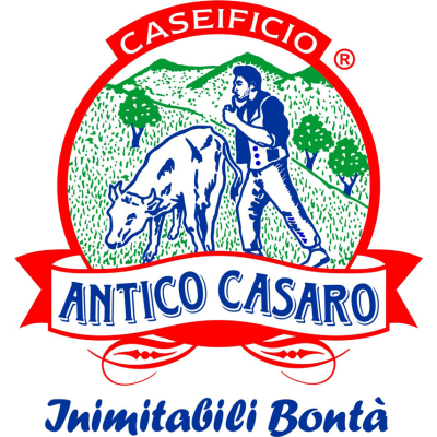 Logo with farmer and cow in a pasture. 