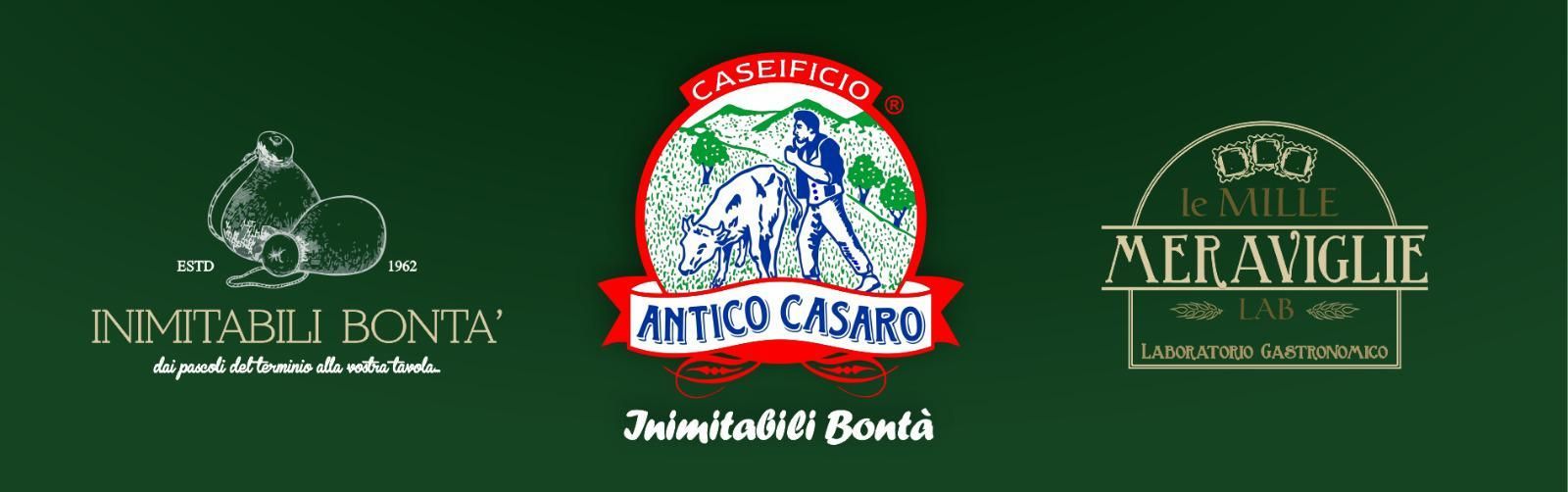 Logos of three food brands on a green background: Inimitabili Bontà, Antico Casaro, and Le Meraviglie.