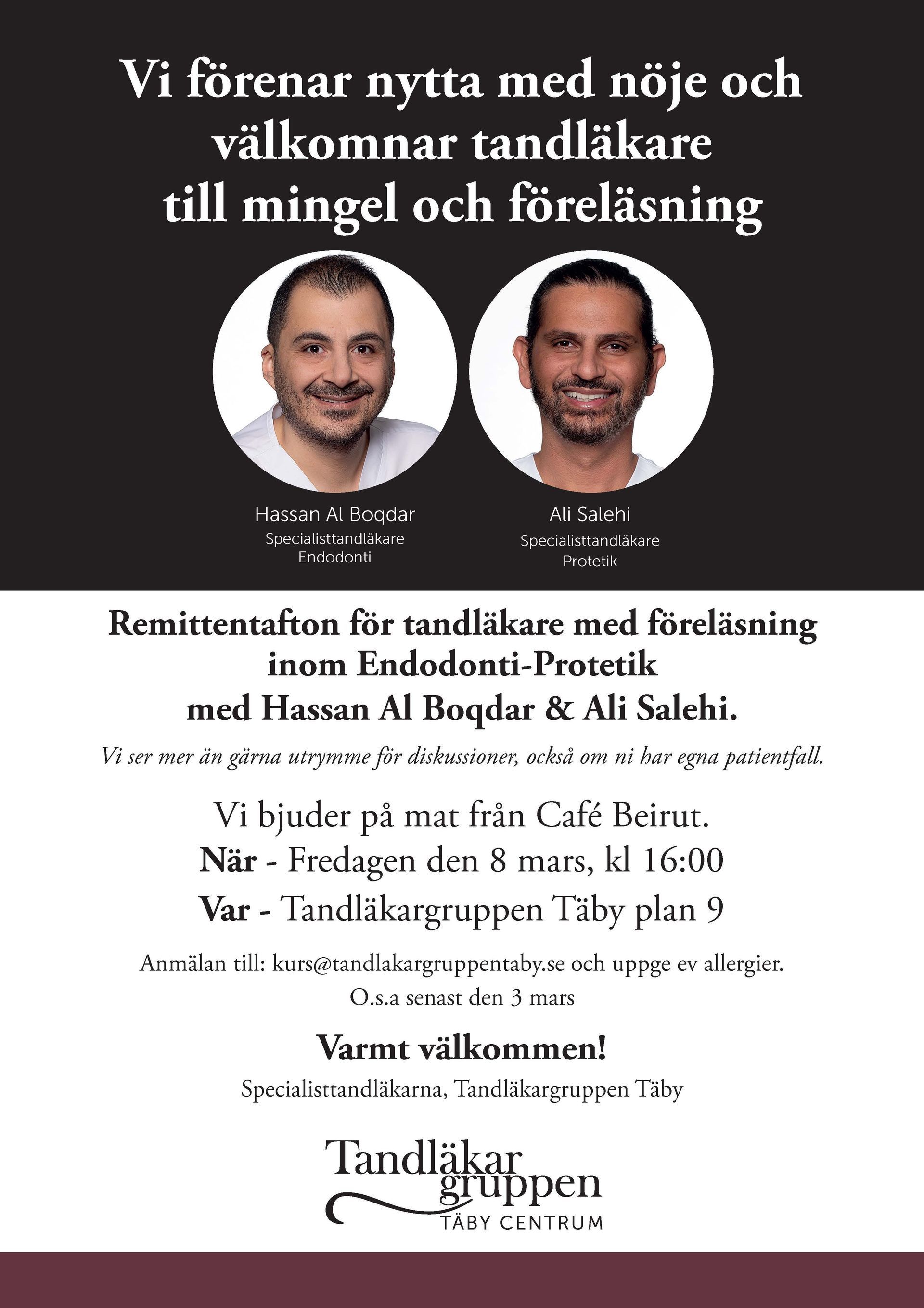 Affisch som inbjuder tandläkare till föreläsning och mingel på Café Beirut med Hassan Al Hoqdar och Ali Salehi.
