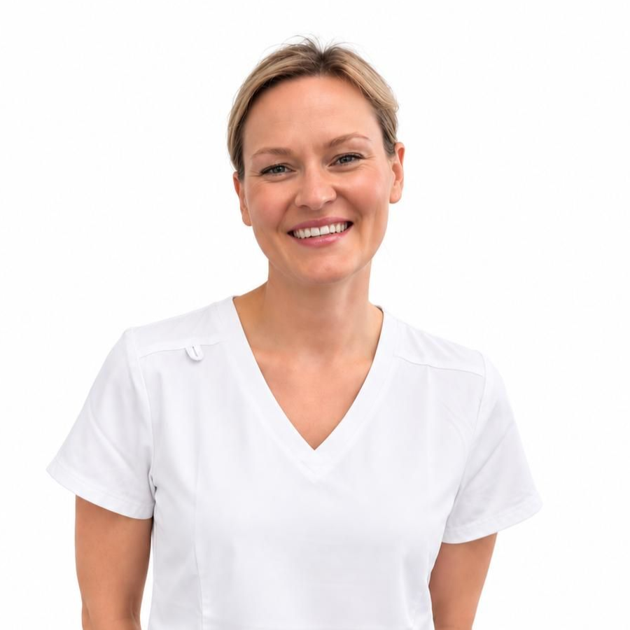 Leende kvinna i vit uniform mot en enkel vit bakgrund