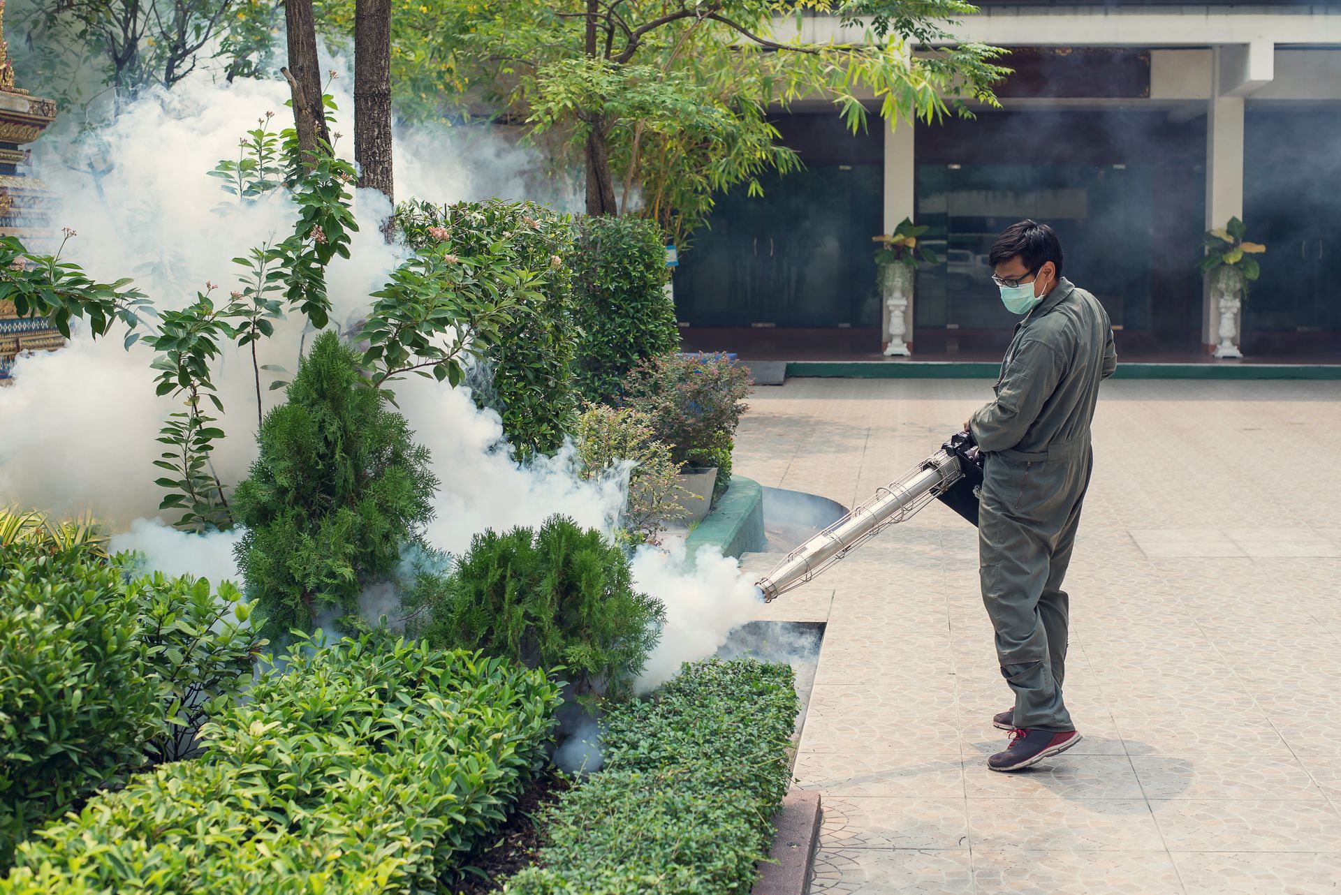 A pest control technician using a thermal fogging machine to apply insecticides.