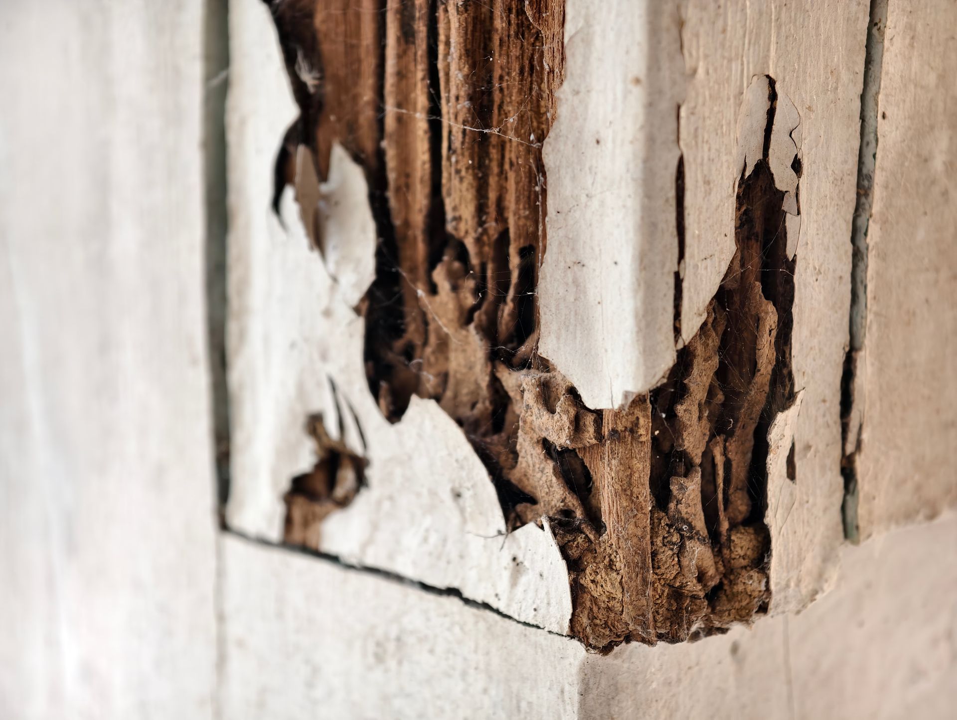 Severely rotted wooden siding showing extensive moisture damage and structural deterioration.