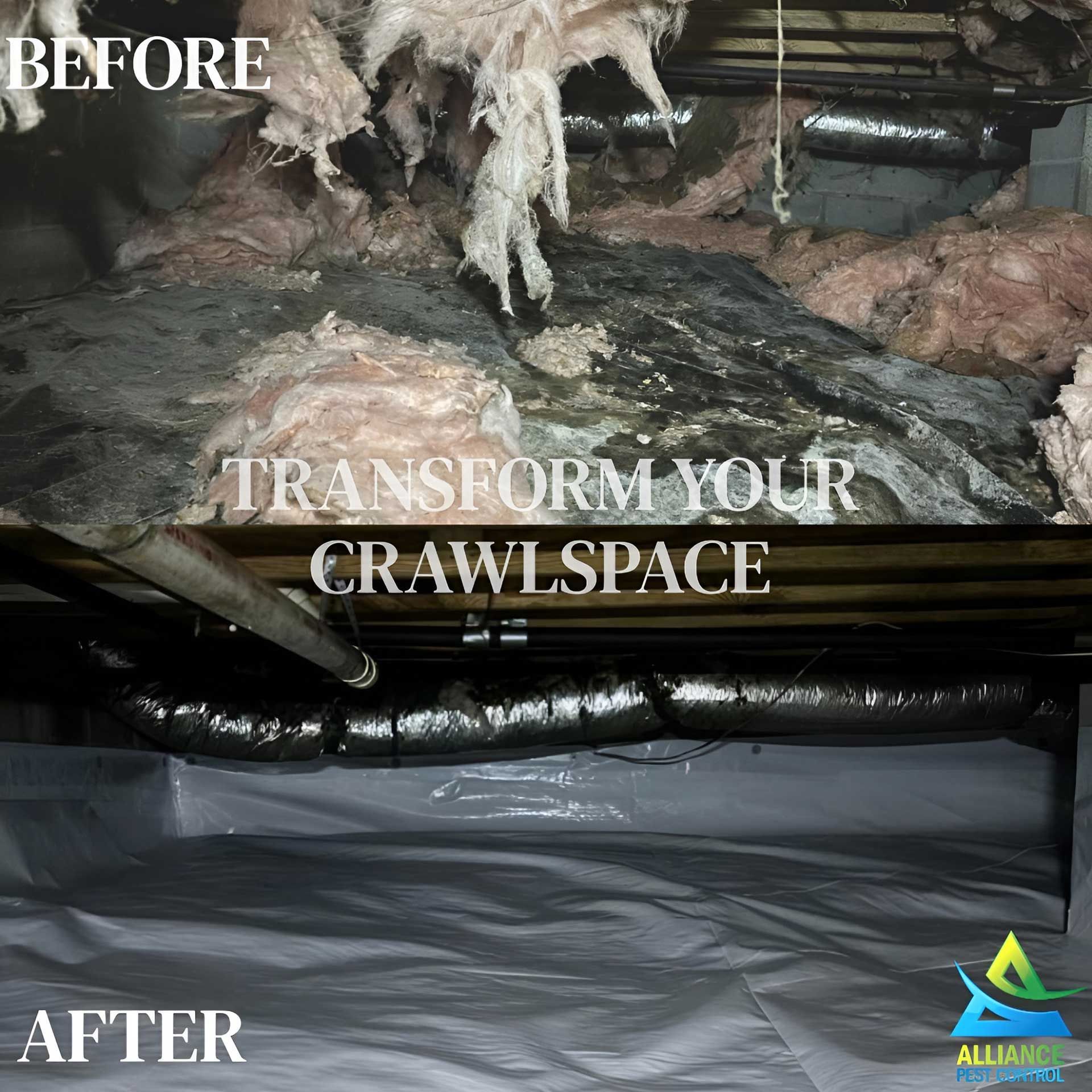 Before and after of a crawlspace transformation, showing mold and insulation removal, and encapsulation.