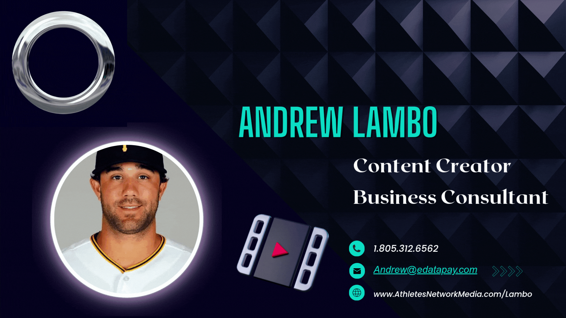 Business card for Andrew Lambo, content creator, and business consultant. Features photo, contact details, and a video icon.