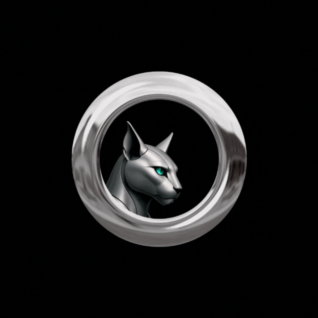 Cat-like creature with teal eyes in a silver circle.