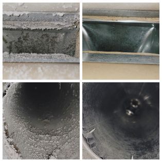 A collage of four pictures of a dirty air vent.