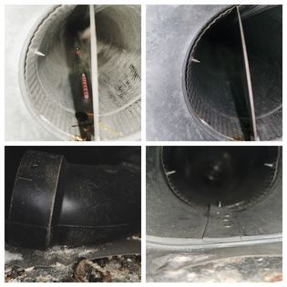 A collage of four pictures of a duct before and after cleaning.