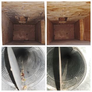 A collage of four pictures of a chimney before and after being cleaned.