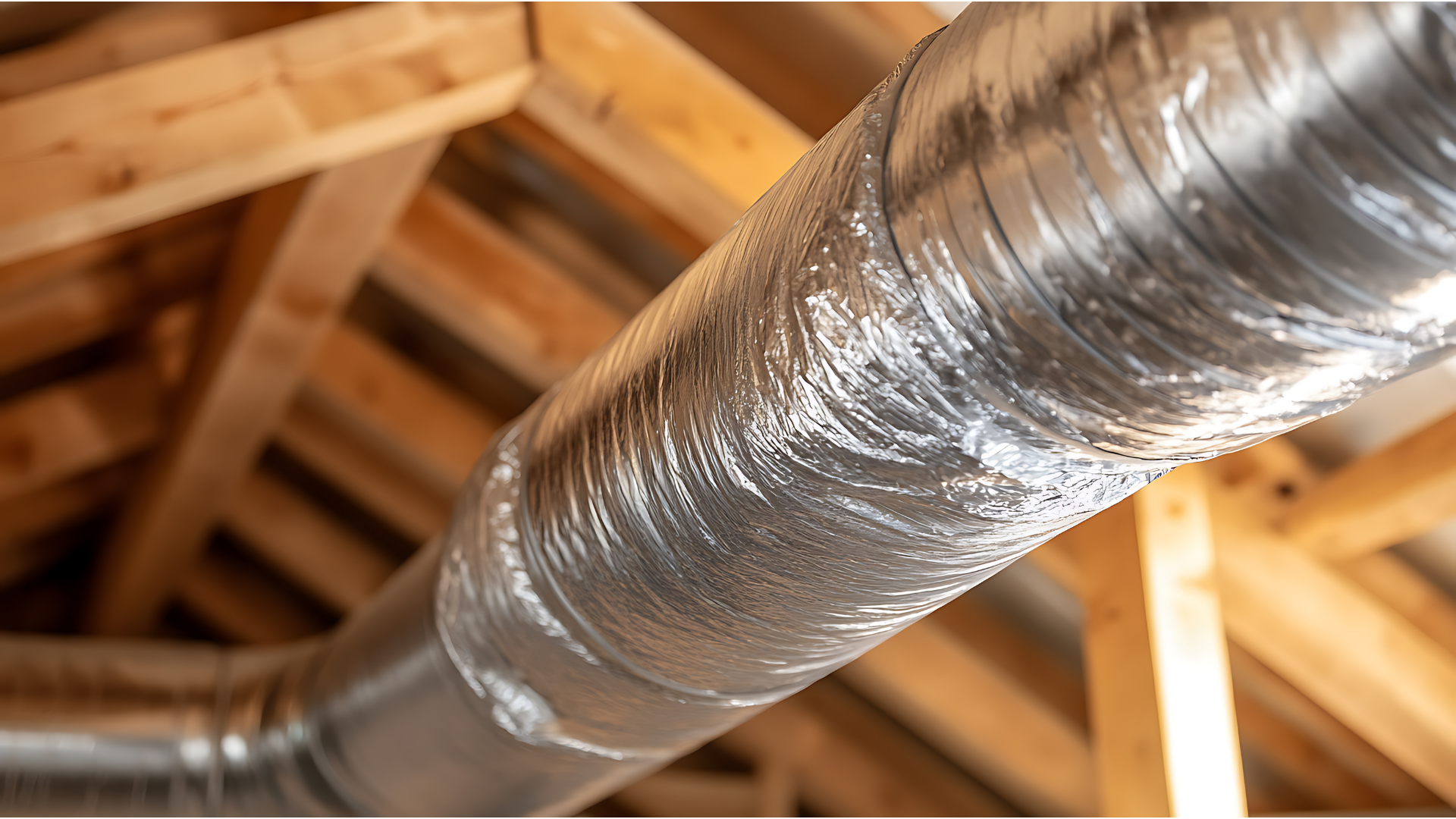 Flexible silver ductwork runs diagonally across exposed wooden beams in an attic.