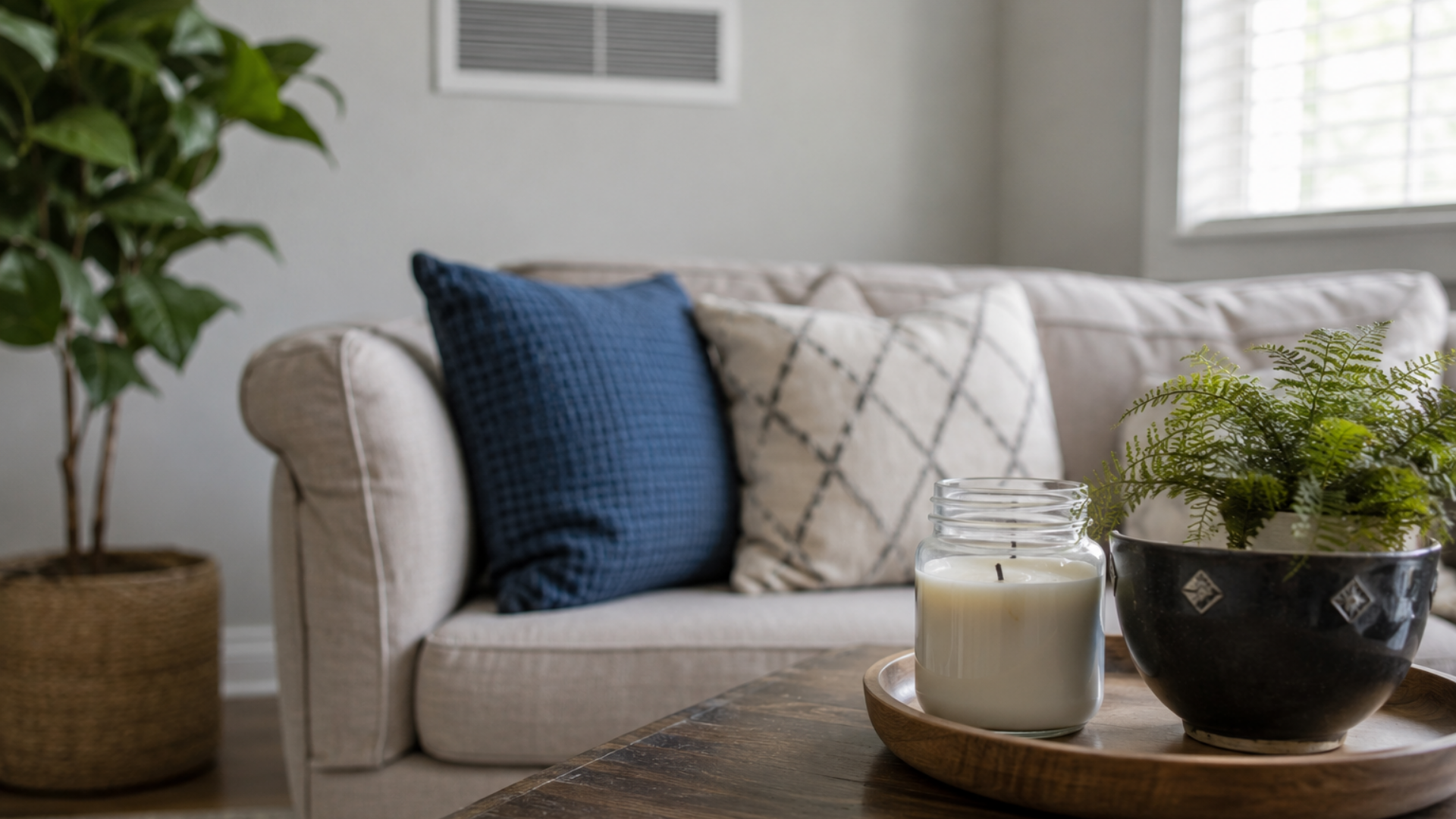 Cozy living room with a beige sofa, blue pillow, coffee table with a candle, and potted plant by the window