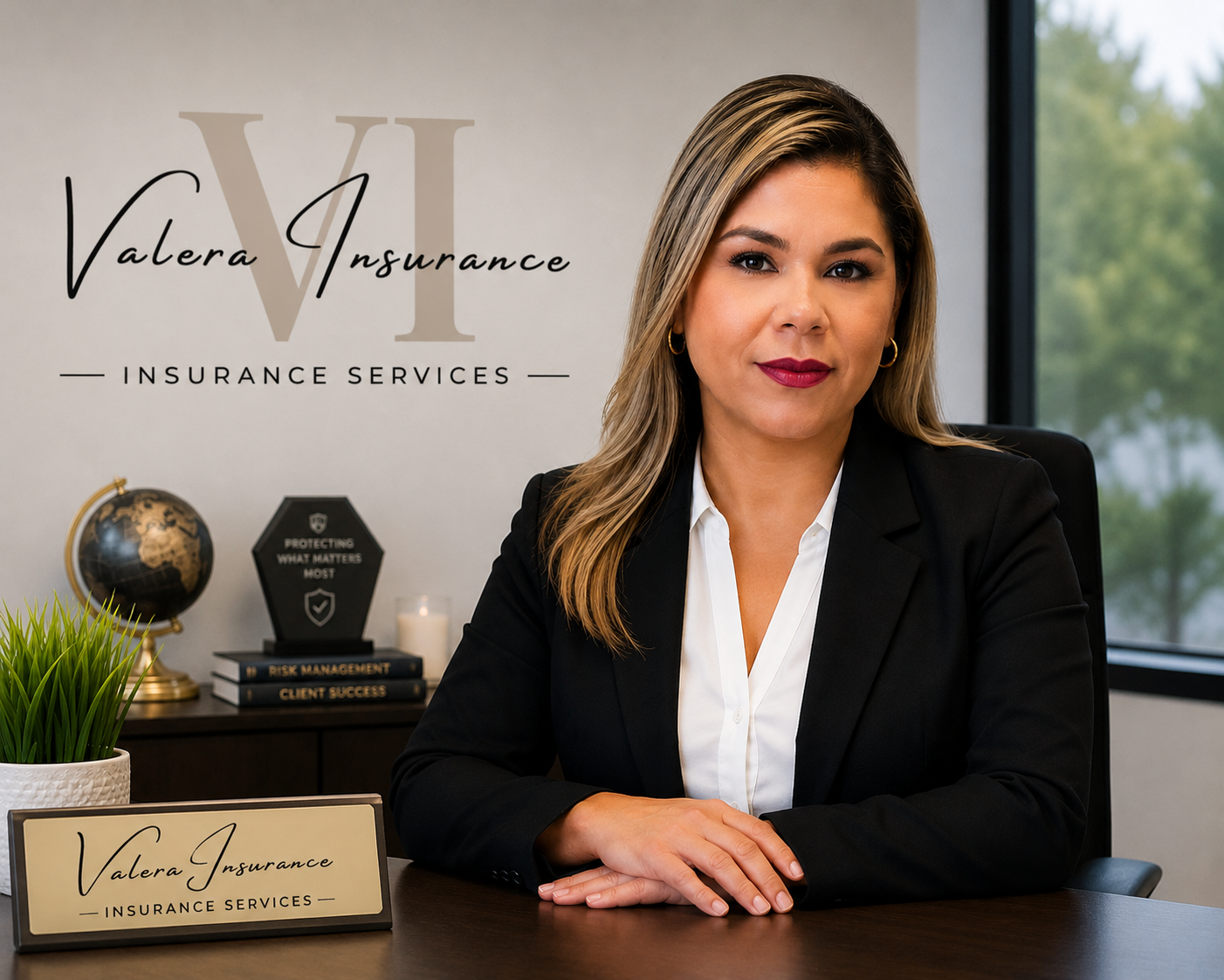 Businesswoman seated at desk in office, with Valera Insurance Services branding and awards behind her