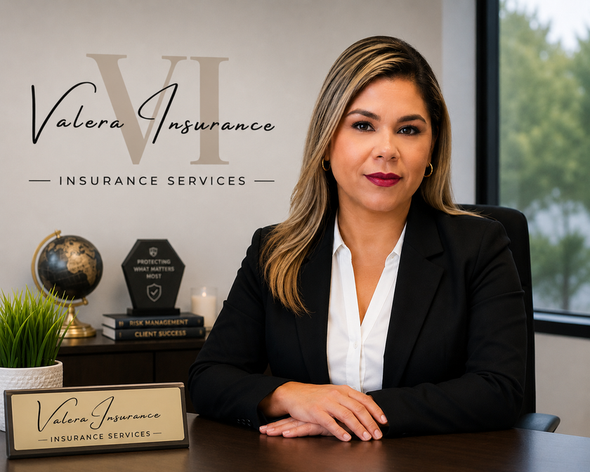Insurance services logo backdrop with a businesswoman seated at a desk in an office