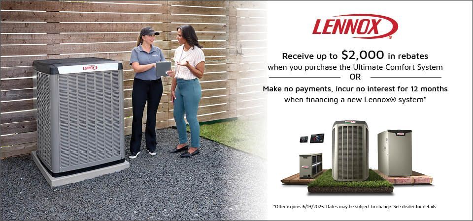 A man and a woman are standing next to a lennox air conditioner.