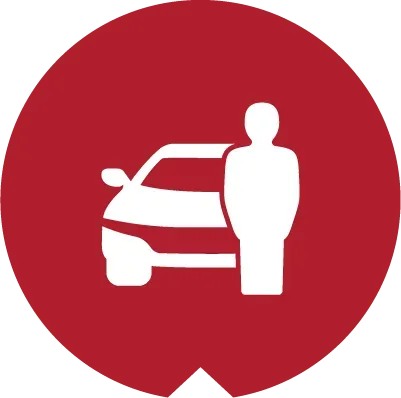 A white icon of a person standing next to a car, centered inside a maroon circle.