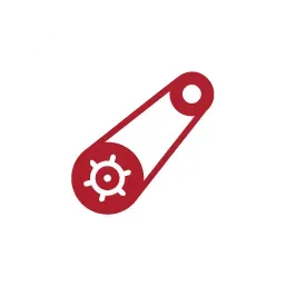 A dark red icon of a timing belt connecting a cogwheel to a pulley on a white background.