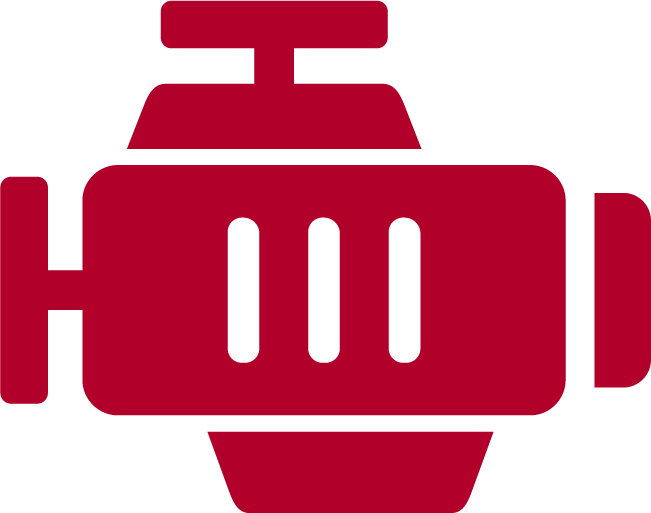 A red and white logo on a white background.