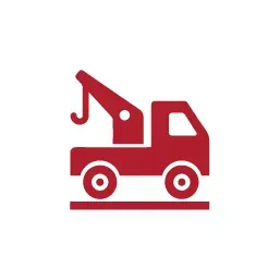 A dark red icon of a tow truck with a boom and hook on a flat surface.