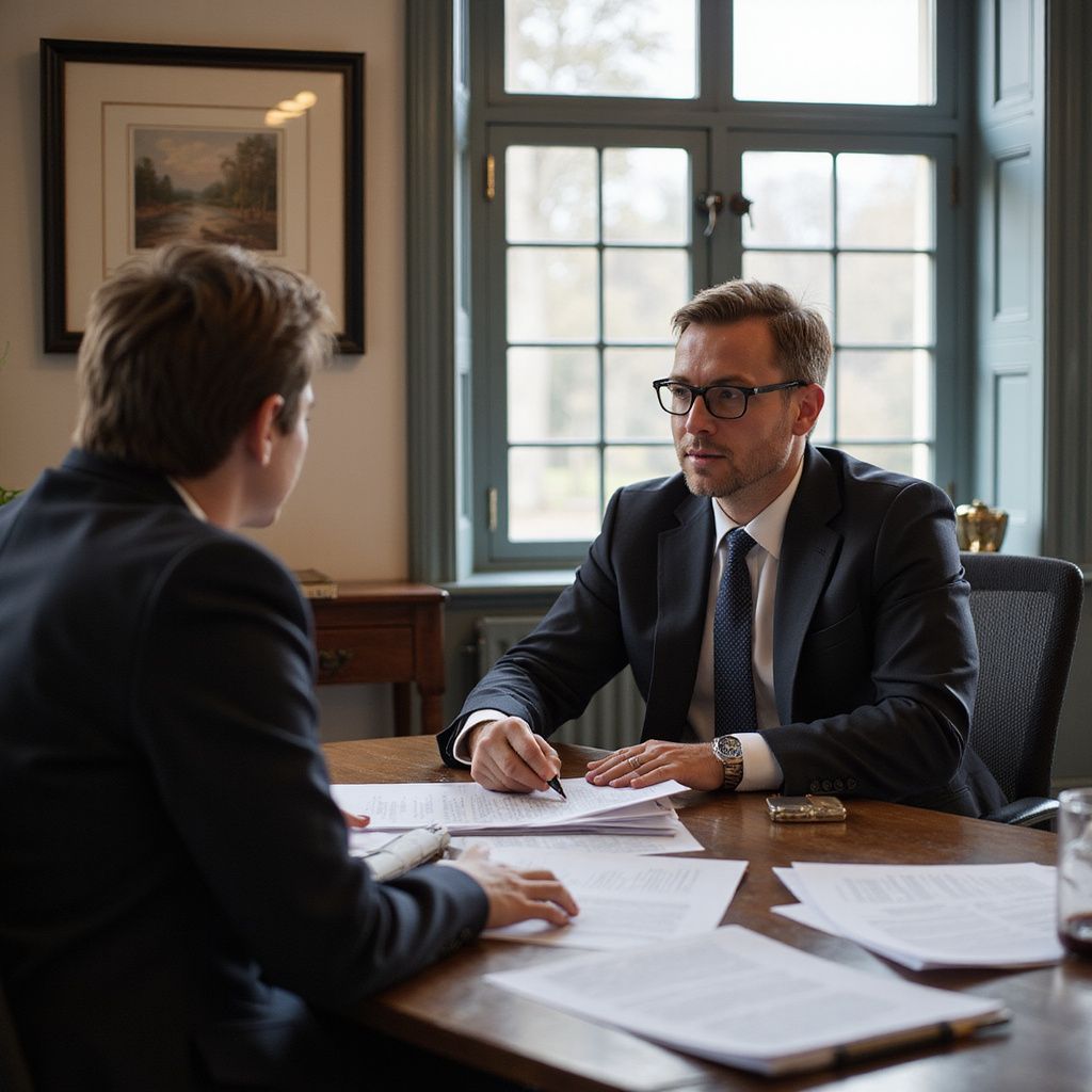 Two men in suits at a desk reviewing documents in an office.