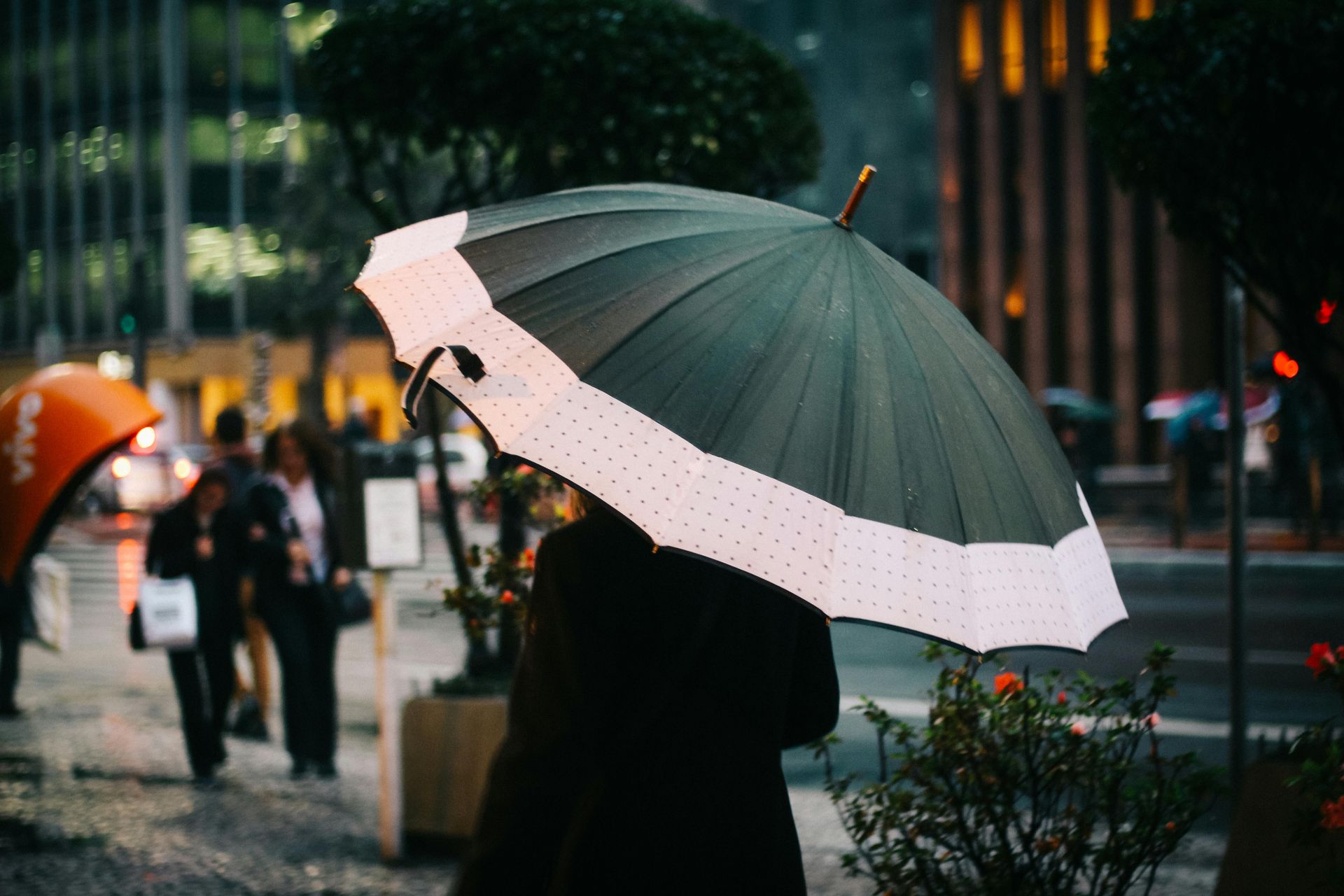 A person is holding an umbrella in the rain.