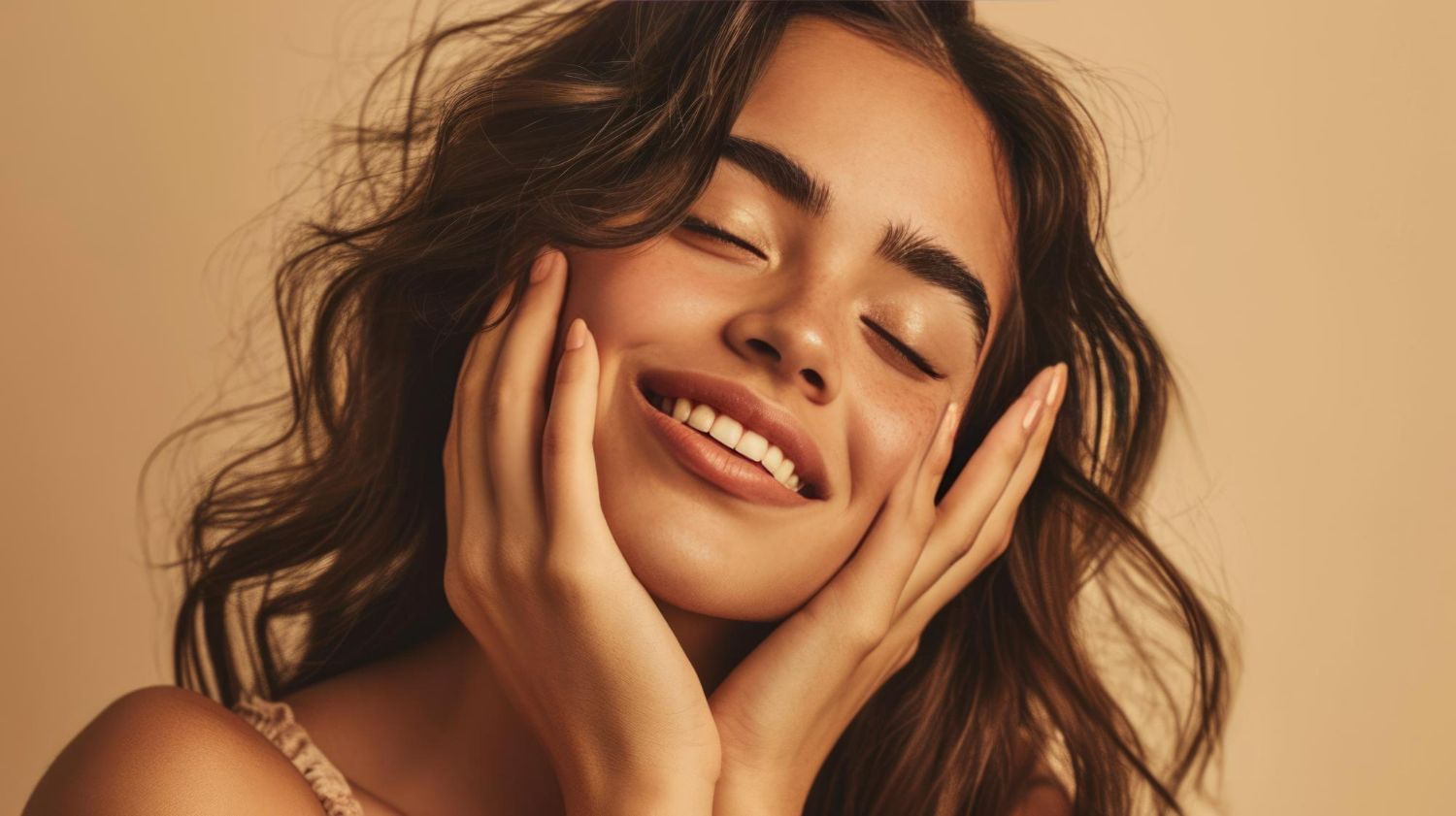 Woman with closed eyes smiling, hands on cheeks, beige background.