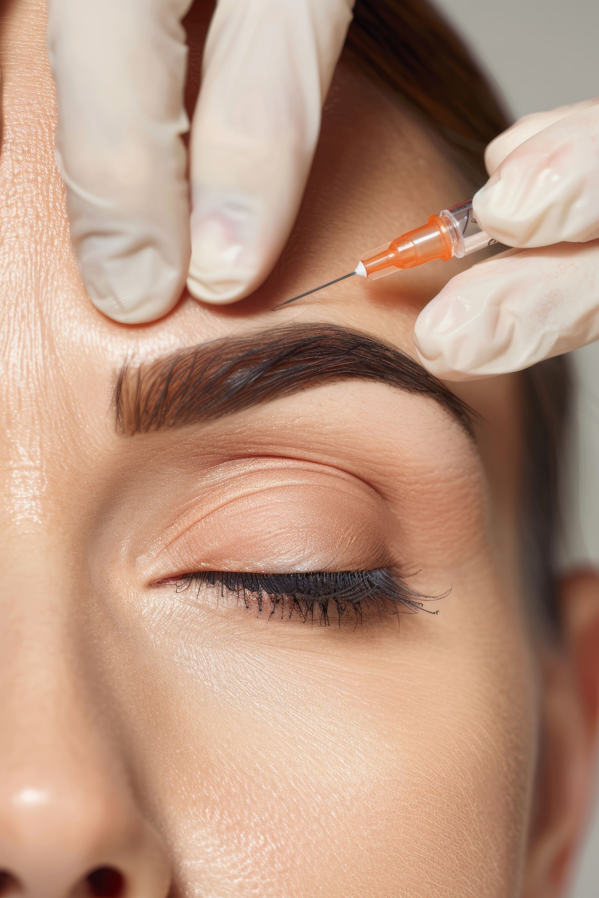 Close-up of a person's eye and eyebrow receiving an injection with a syringe.