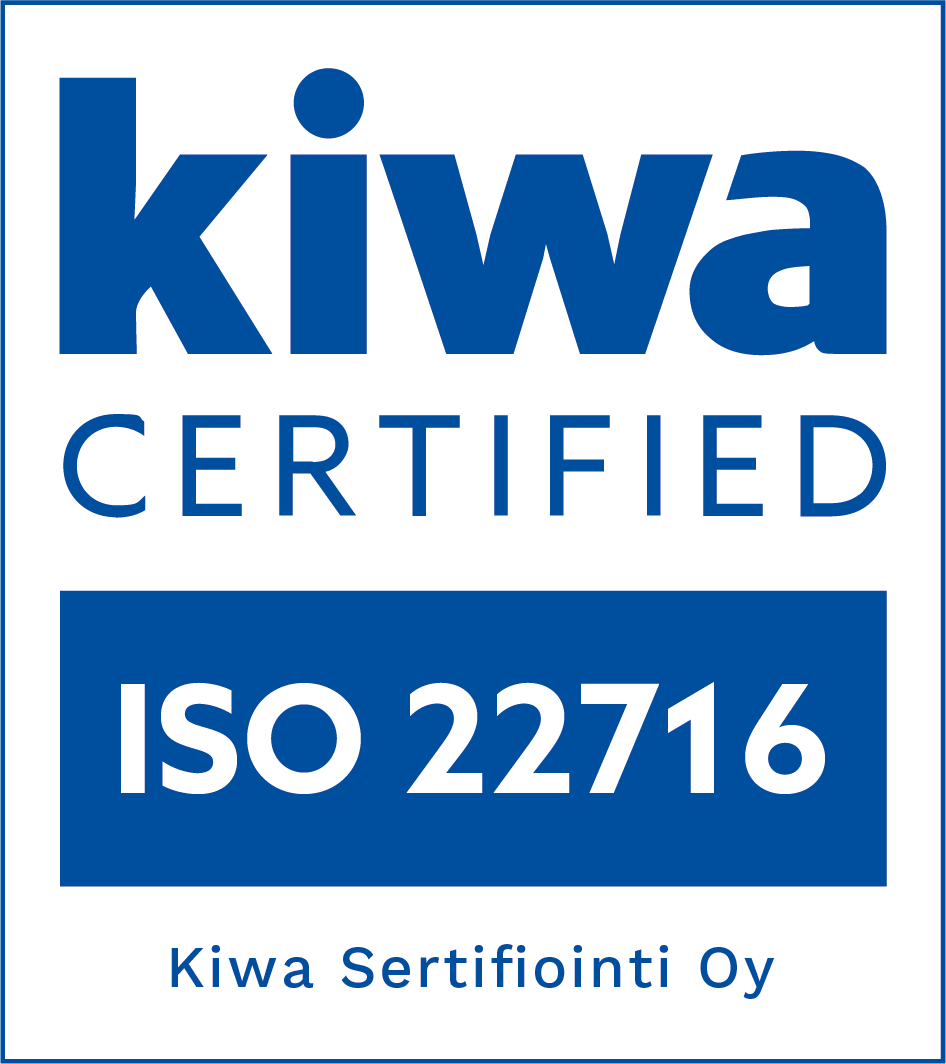 Kiwa Certified ISO 22716 logo. Blue square with white text: