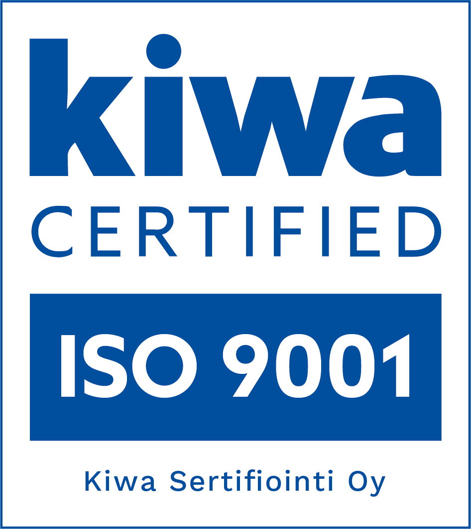Kiwa Certified ISO 9001 logo, dark blue text on white background.