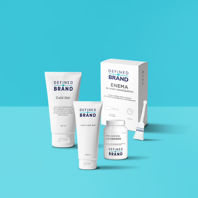 Defined Brand health products set against a blue background.