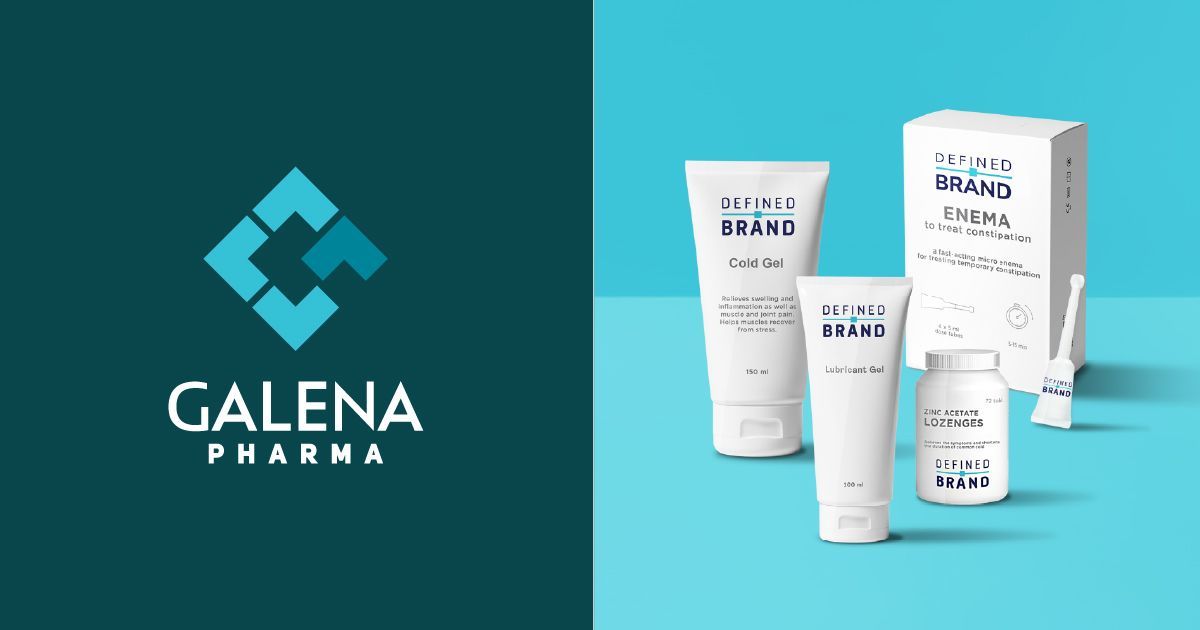 Galena Pharma logo next to skincare products on a teal background.