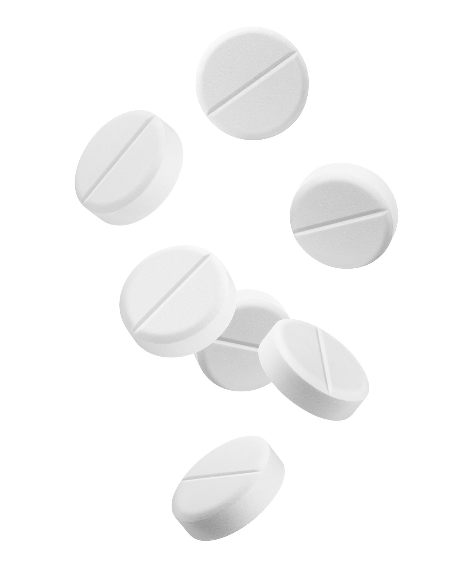 White, round pills with a score line, floating against a white background.