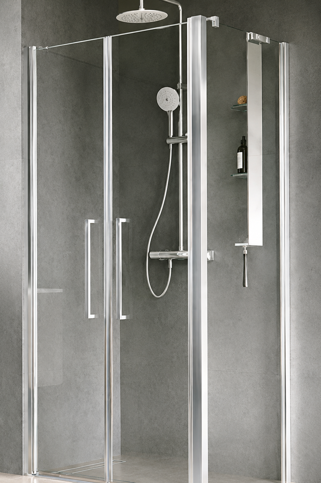 Box doccia in vetro con maniglie cromate, soffione a pioggia e doccetta a mano in un bagno grigio.