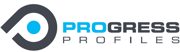 Logo di Progress Profiles con cerchio grigio, punto blu e testo blu e grigio su sfondo bianco.