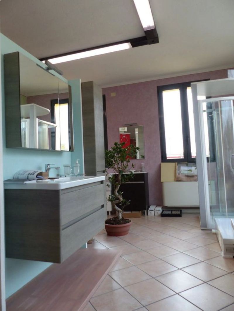 Bagno moderno con doppio lavabo, ampio specchio, pavimento piastrellato e pianta in vaso vicino alla doccia.