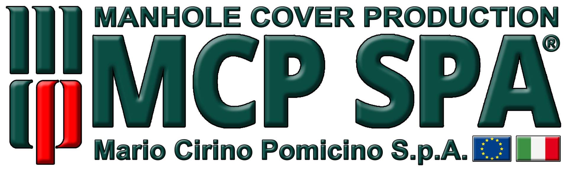 Logo con la scritta “MCP SPA” e “Manhole Cover Production” e “Mario Cirino Pomicino SpA” in verde, rosso e nero.