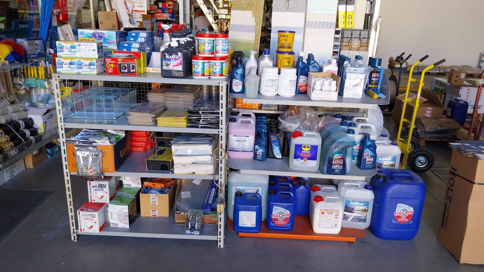 Scaffali pieni di vari prodotti chimici e per la pulizia domestica in un garage o in un ripostiglio.