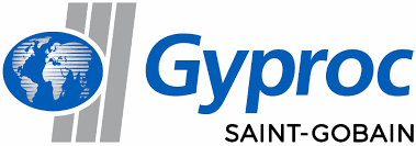Logo di Gyproc Saint-Gobain con icona del globo blu e barre verticali grigie.
