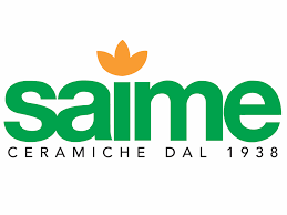 Logo Saime con testo verde e fiore arancione, slogan “Ceramiche dal 1938”