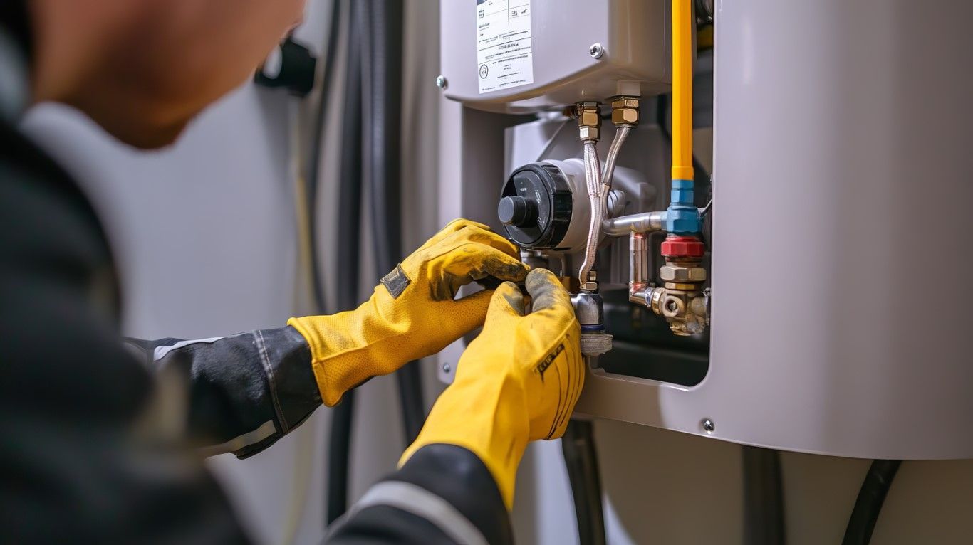 Person in yellow gloves working on a water heater, indoors.