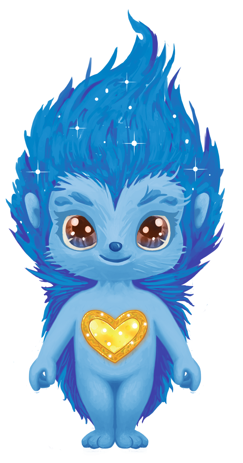 A cartoon hedgehog with blue hair and a heart on his chest.