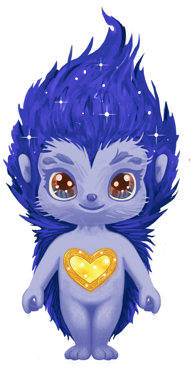 A cartoon hedgehog with blue hair and a heart on his chest.