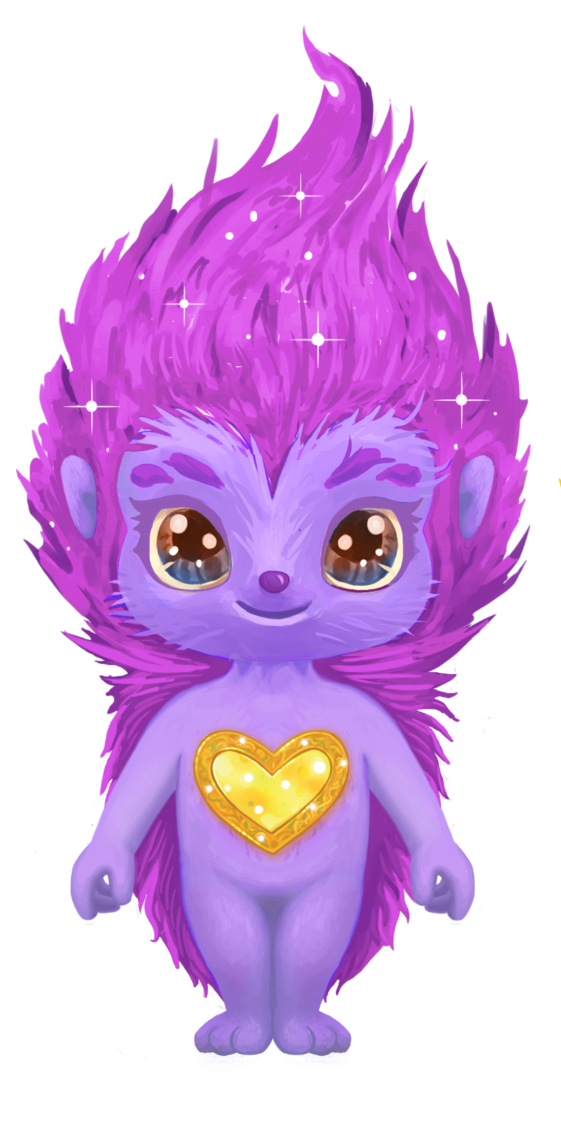 A purple hedgehog with a yellow heart on his chest is standing on a white background.