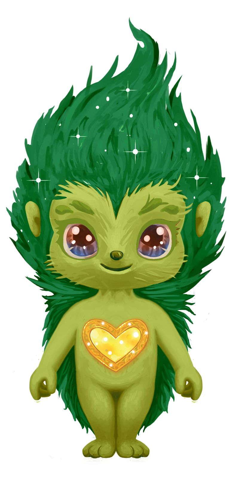 A cartoon hedgehog with a heart on his chest is standing on a white background.