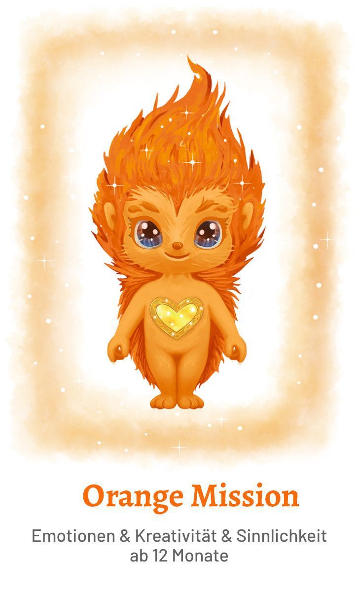 A cartoon illustration of an orange monster with a heart on its chest.