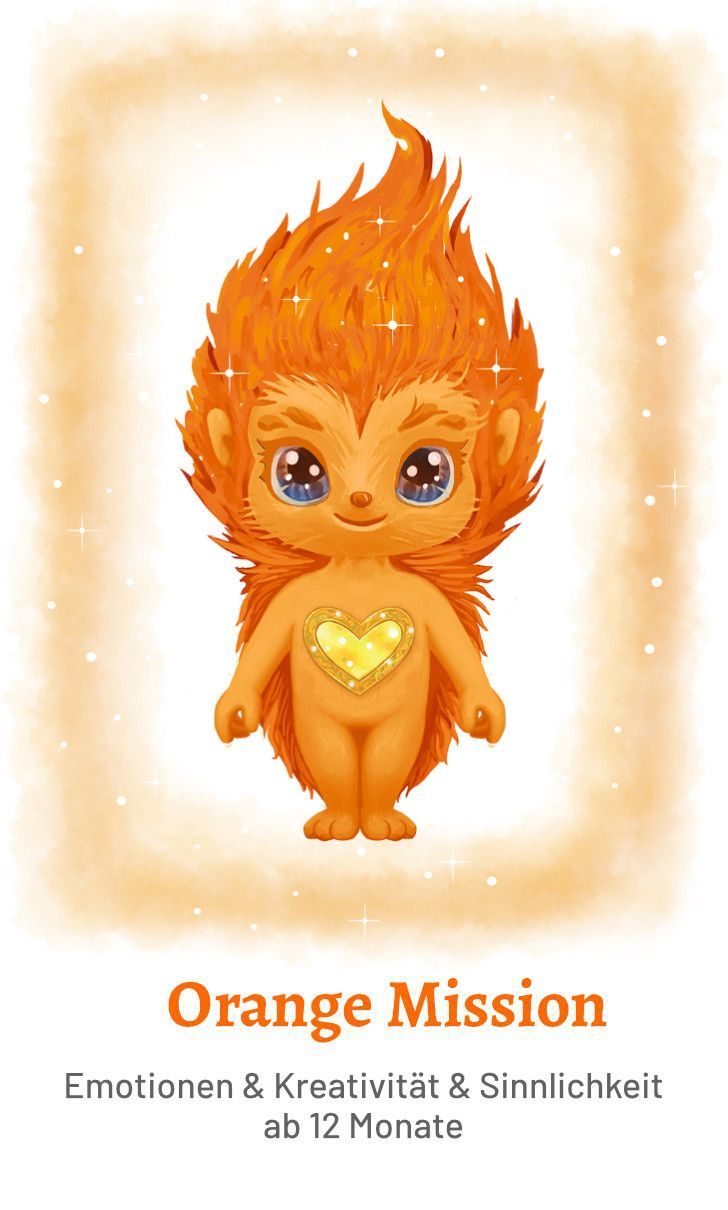 A cartoon illustration of an orange monster with a heart on its chest.